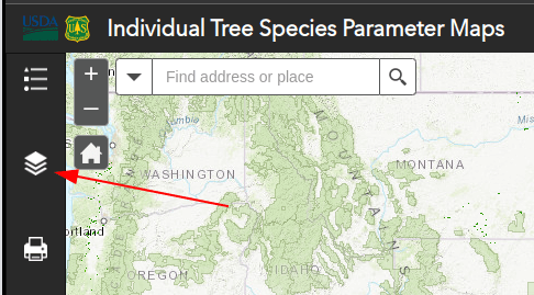 arrow pointing to layer list icon for individual tree species parameter maps interface