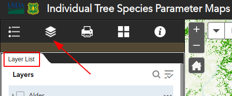 layer list highlighted on forest service tree species mpa